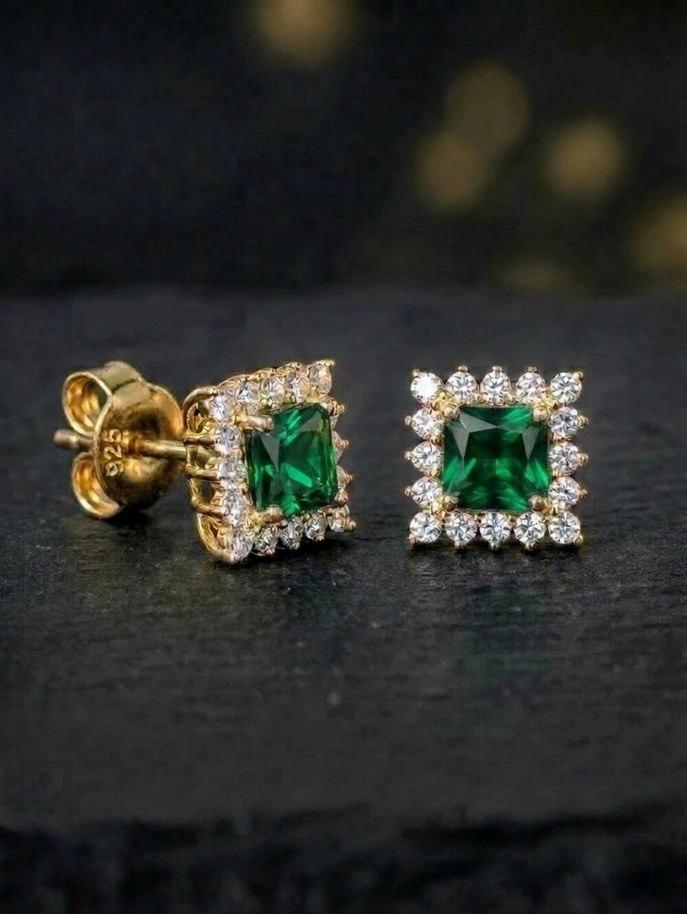 Green Emerald Square Halo Stud Earrings 18K Gold Vermeil | 925 Silver Rhodium